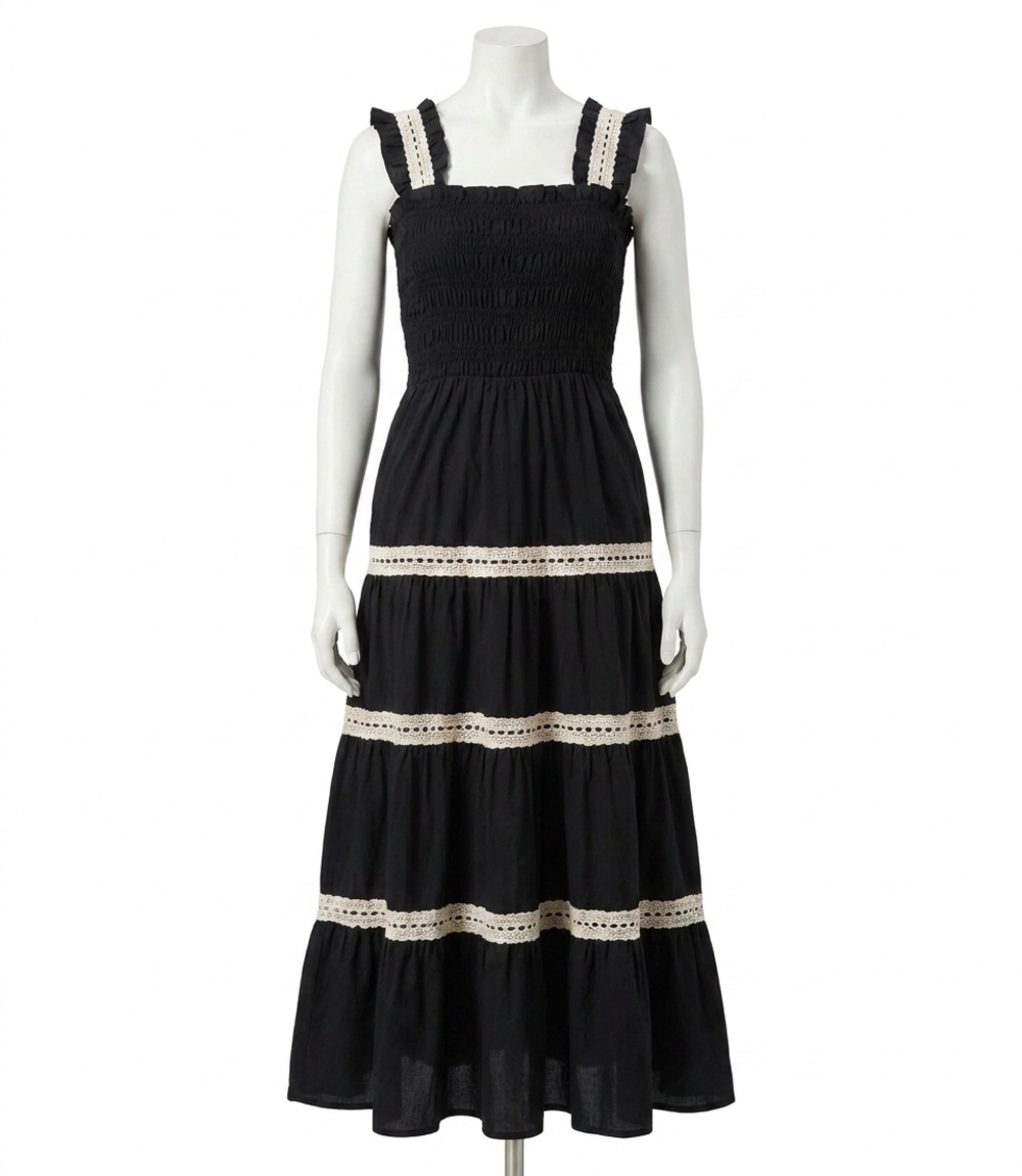 NEW KAREN KANE sleeveless tiered midi dress in black with natural